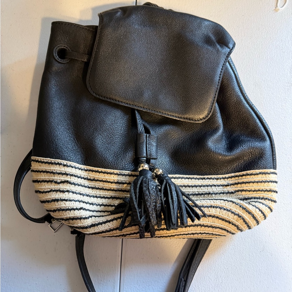 Elegant Black and Cream Striped Women's Backpack Rebecca minkoff
